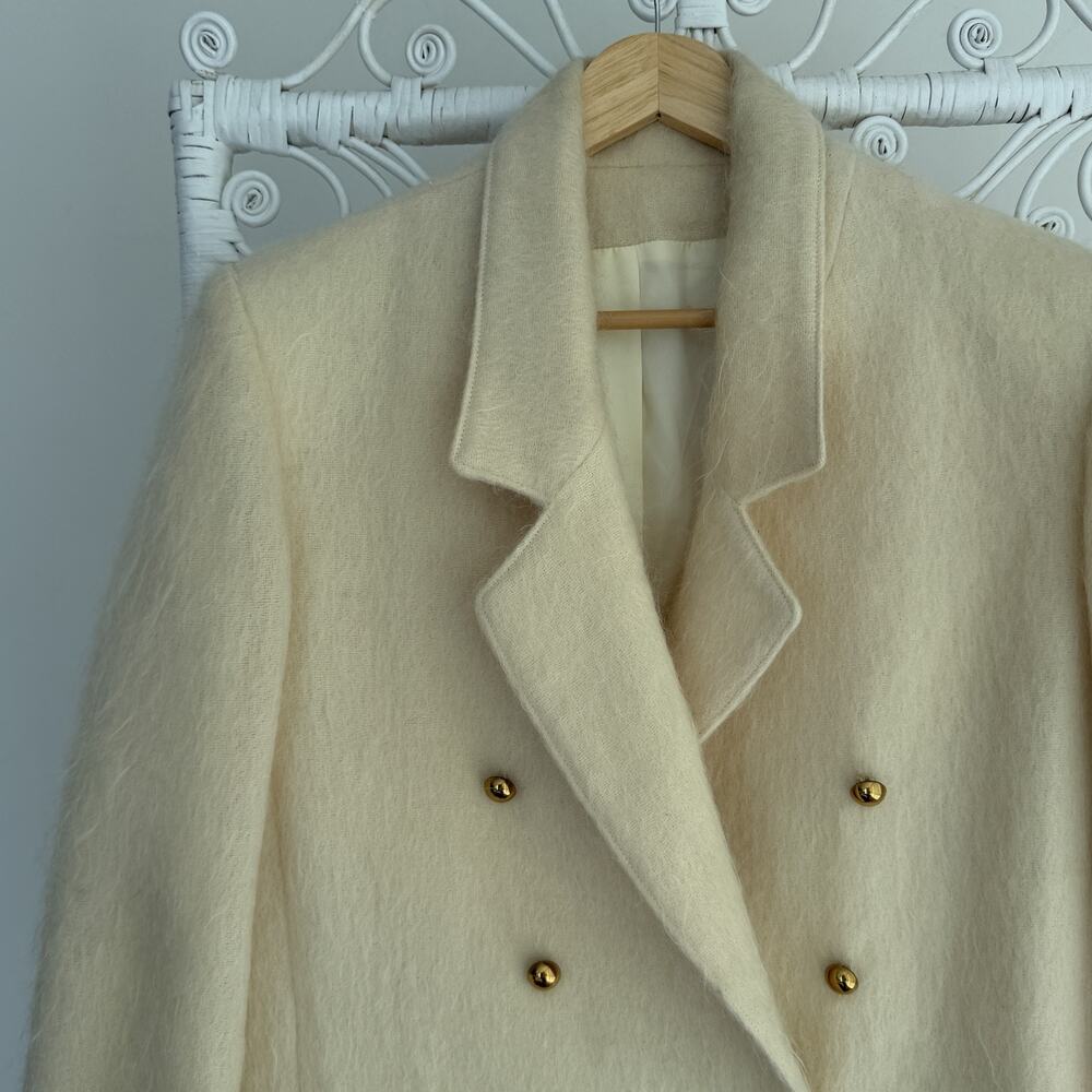 Vintage Fuzzy Mohair Coat Womens M/L Cream Double Breasted Military USA Made 80s - Picture 5 of 10